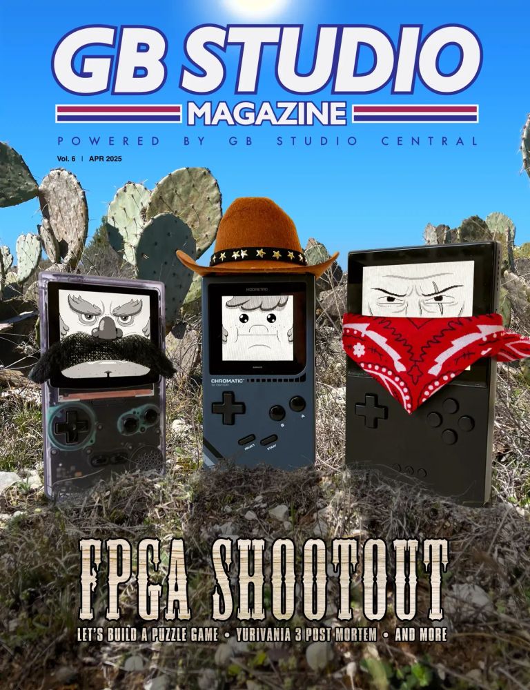 Three FPGA devices: A Game Boy Color, the Modretro Chromatic, and the Analogue Pocket stand in the desert. The serious looks on their faces along with the mustaches suggest a face-off is about to take place.