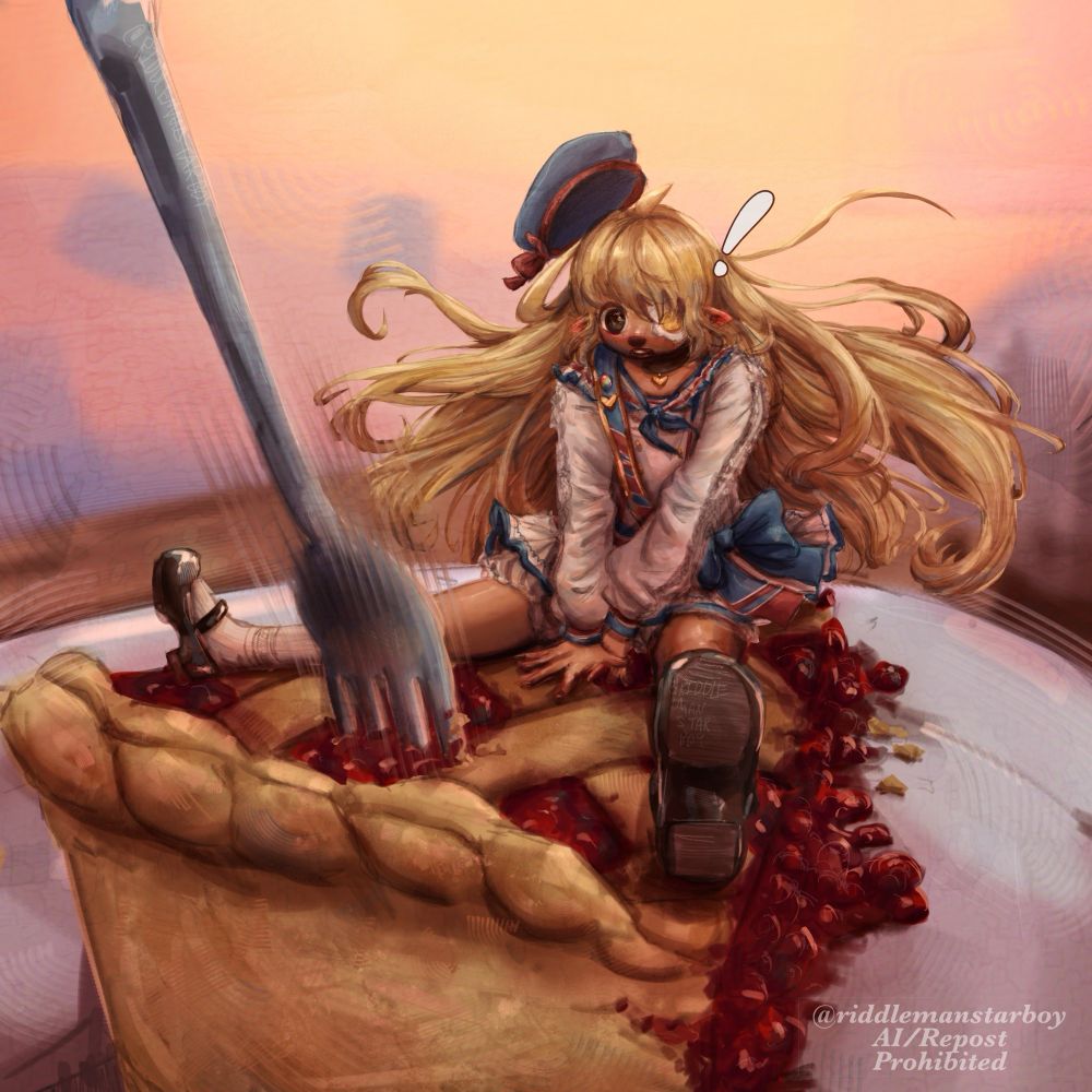 A delicious red berry pie with a couple chunks taken out of it by someone hungry sits on a plain white plate, the red berries from the pie oozing out of it accompanied by a few crumbs from the crust. A fork comes down with immense force like a trident from the sky, impaling the pie and barely missing a tiny blonde person sitting atop the carefully woven gold crust. The small guy jumps up in shock as he stares at the fork in between his legs, his blue hat with a small red ribbon flying off him. 