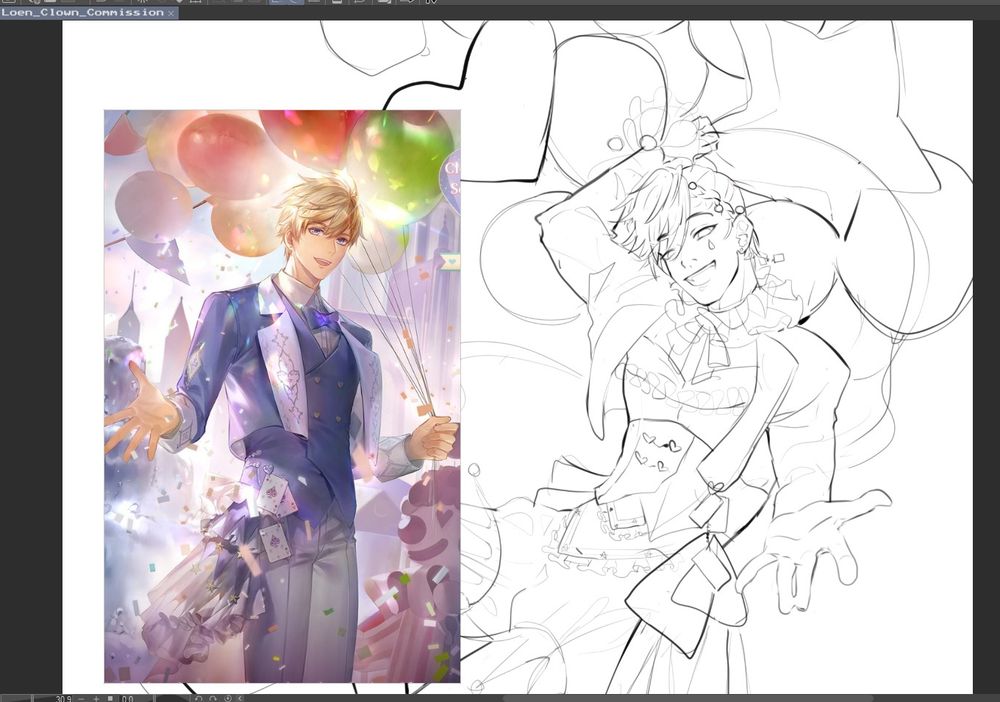 A screenshot of a clip studio paint canvas. It has a black and white sketch and a picture of Loen from Shining Nikki holding balloons. Both images have a "let's take ibuprofen together" pose, where they reach out towards the camera. 

The sketch has Loen also holding balloons, but now he's wearing the suit designed by him instead of the outfit he wore in his Designer's Reflection. This is a work in progress of a VGen commission. 
★