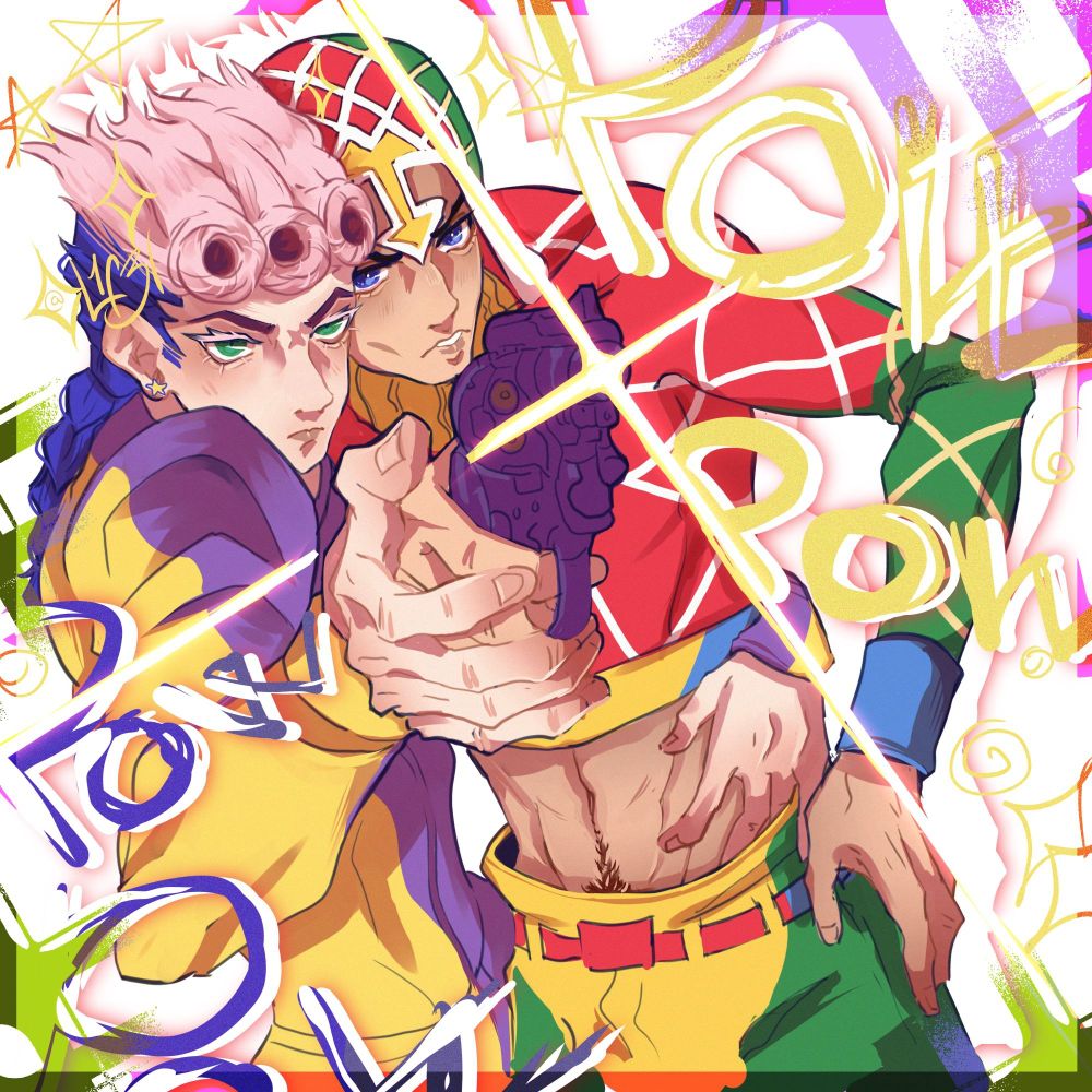 Giorno and Mista from jojo's bizzare adventure part 5. They're doin that gun combo pose yknow the one... Giorno's hand over his, other around his waist half into his pants. There's some decorations and text that says 'pow' 4 times. Very colorful drawing. ★