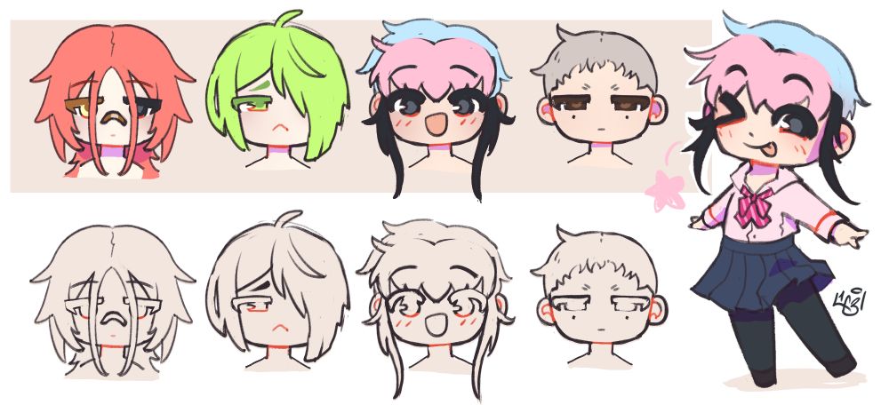 8 headshots of some characters, 4 colored and the other 4 being just the lineart of the previous 4. There's also a full body chibi on the side. He's a boy with 3 toned hair twirling in a skirt. Joyful. Full of whimsy. Etc. ★

Also their names are, left to right, Mayumi Yuuta Ayase and Haru. Group of outcasts that make shitty ear destroying music together :)