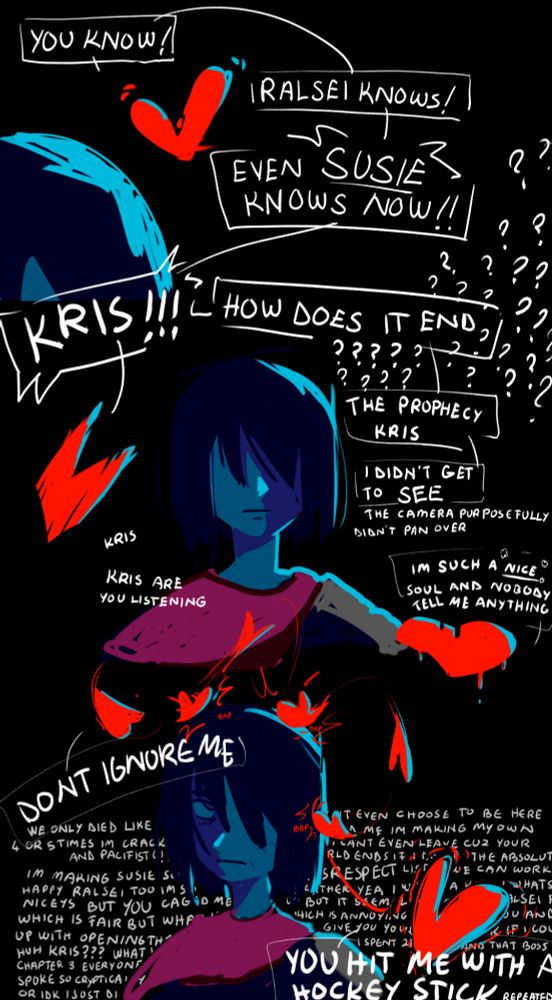 Deltarune 3 panel comic of the soul talking to kris. Spoilers ahead. 
The soul says: 
"You know! Ralsei knows! Even Susie knows now!!" 
"Kris!!! How does it end??? The prophecy kris i didnt get to See (the camera purposefully didn't pan over)"
"(Kris. Kris are you listening)"
"I'm such a Nice soul and nobody tell me anything"

Now the soul is bouncing around on kris' head, angry, saying: 
"Don't ignore me!" 
There's a lot of faded text in the background that talks about the soul's experience and opinions on the chapters so far. Finally, it yells:
"You hit me with a hockey stick (repeatedly)". The end of that sentence is cut off, going off screen.

This entiretime kris is just standing there, looking a little annoyed but not much else. 
★