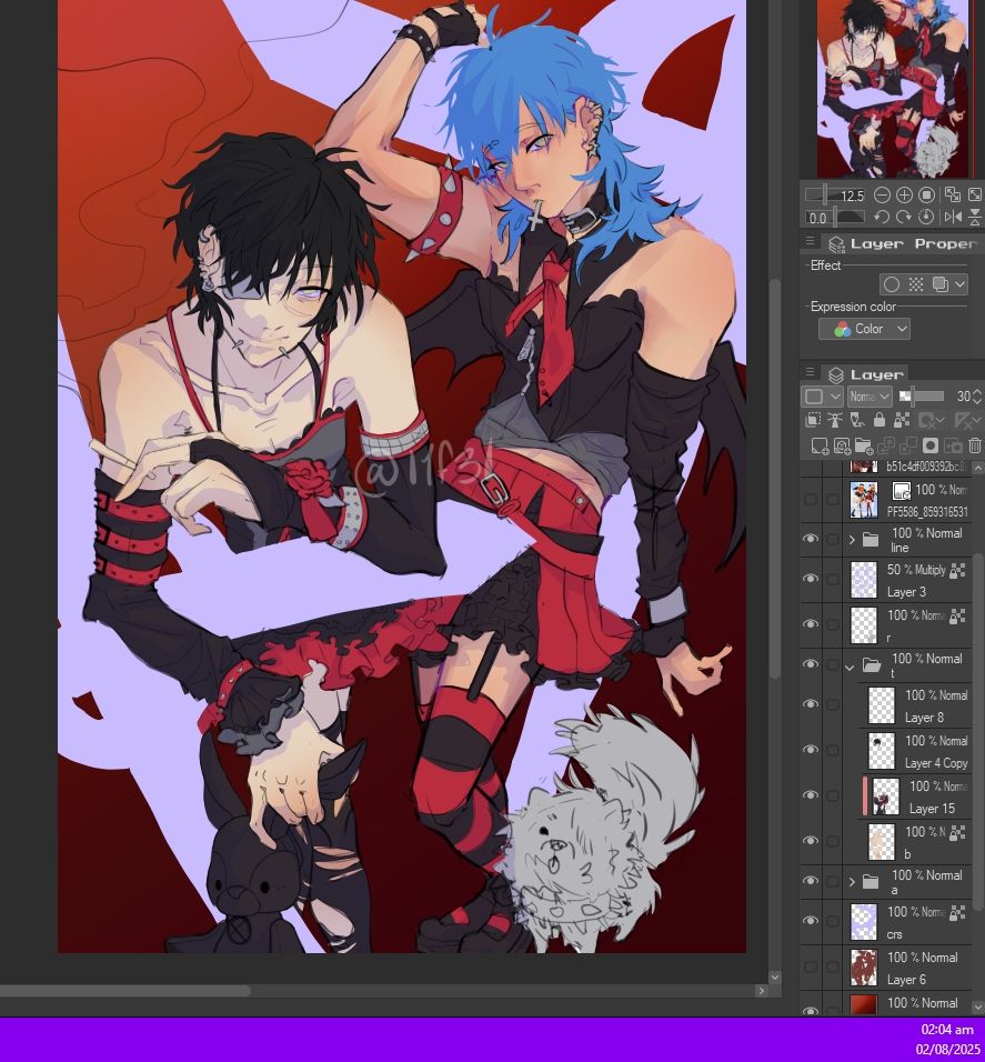 Work in progress screenshot of a digital illustration. It's Aoba and Towa from dramatical murder and slow damage respectively. They're wearing red and black emo girl clothes and leaning against some white crosses. The clip studio paint UI is visible on the side too. ★