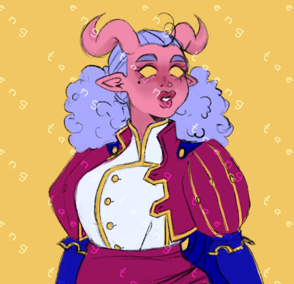 A cropped digital drawing of a pink skinned tiefling with curly pastel purple hair and golden yellow eyes. She wears a brightly couloured, jester-like outfit.