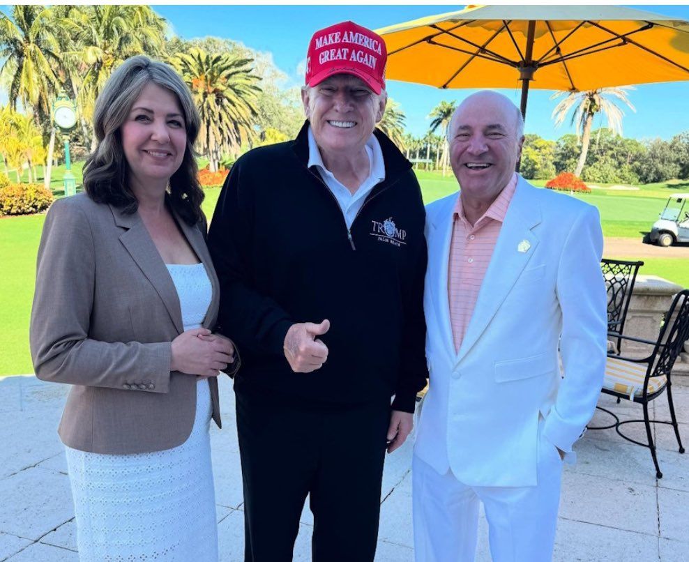 A photo taken at the Mar-a-Lago resort showing Danielle Smith, Premier of Alberta, Donald J. Trump, President of the United States, and Kevin O'Leary.