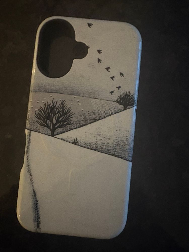 Phone case cover of a snowy hillside with trees in folk art style and bird silhouettes in the sky