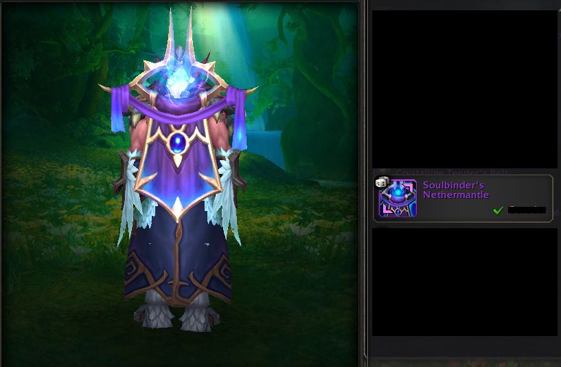 Cropped screenshot from World of Warcraft, on the left is the Dressing Room menu showing my character modeling a cosmetic back piece called "Soulbinder's Nethermantle" from the new raid. On the right is the loot rolls showing me winning it, with the rest of the loot blacked.