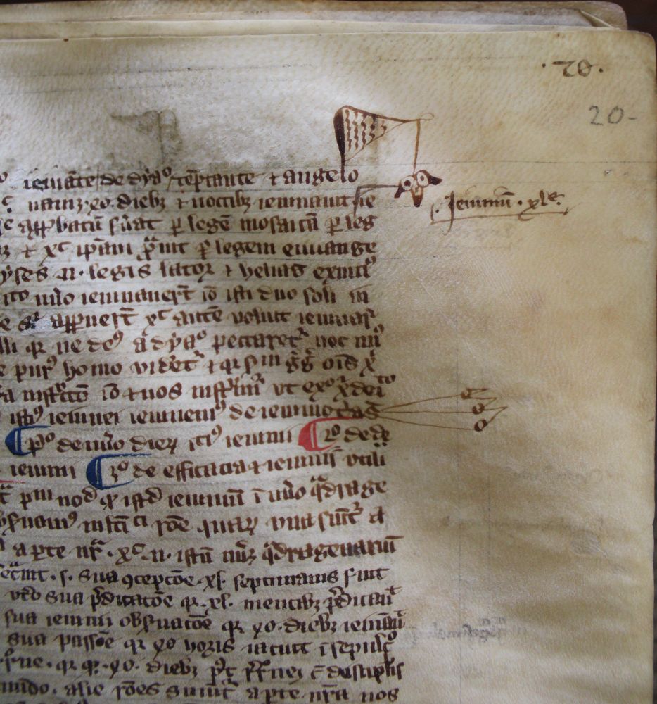 The cartoon extends of a letter L in the top line of a column of text on the right hand edge of the page. The monk student has extended the L so that it overhangs the column of text. he has then drawn a spider spinning its way down to the next line, It has large eyes and two legs as well as a small body