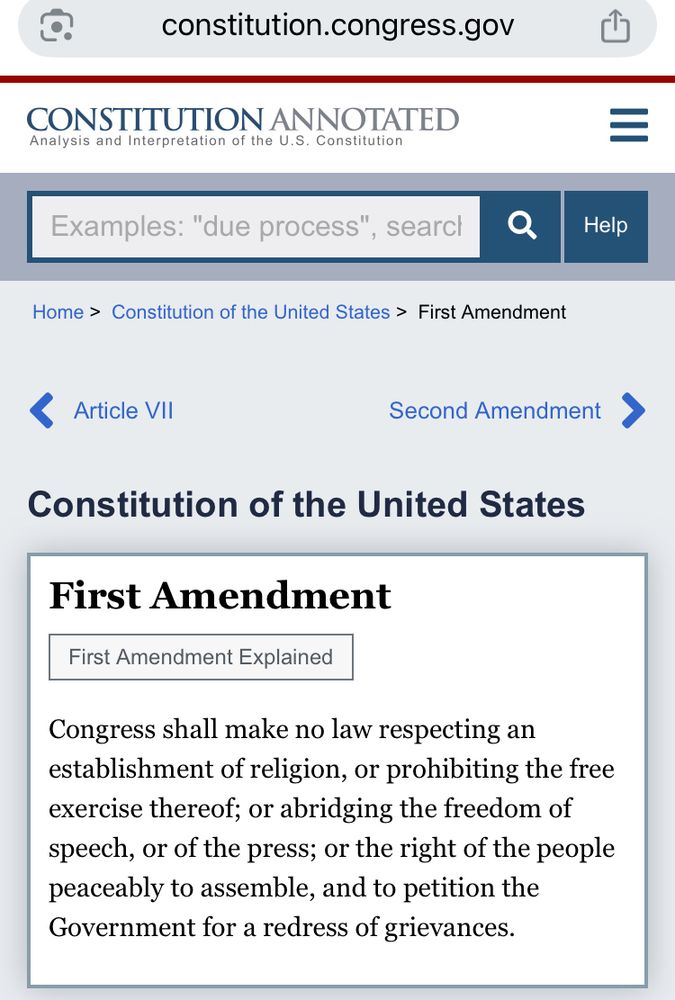 First Amendment

Congress shall make no law respecting an establishment of religion, or prohibiting the free exercise thereof; or abridging the freedom of speech, or of the press; or the right of the people peaceably to assemble, and to petition the Government for a redress of grievances.