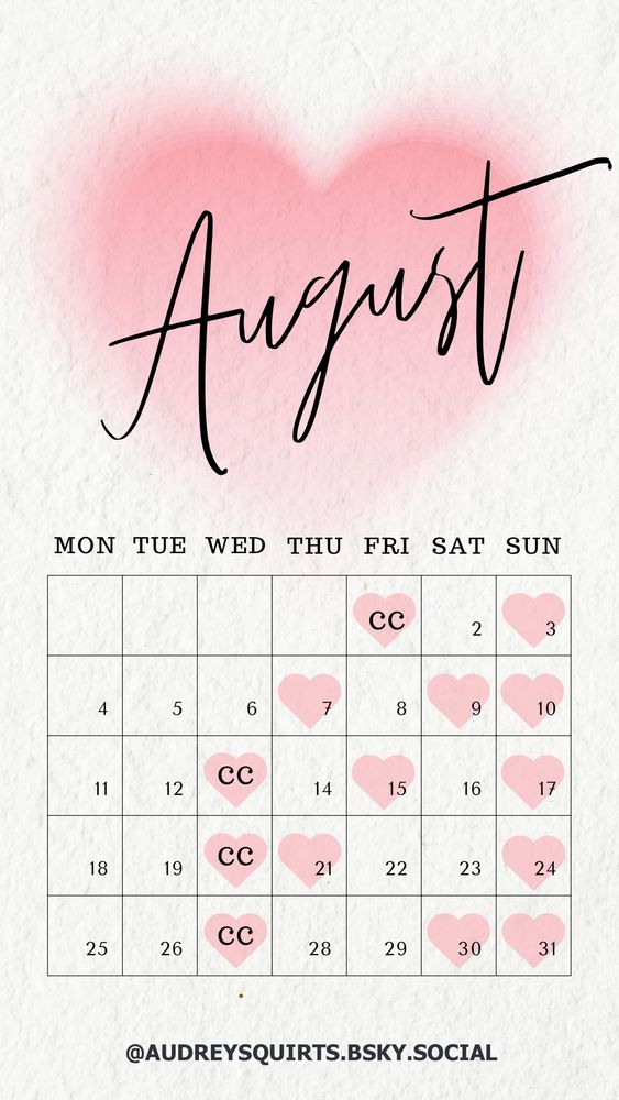 Image is a calendar of Audrey’s availability for August. She will be at Collingwood Confidential on the 1st, 13th, 20th and 27th. She is available for incalls on the 3rd, 7th, 9th, 10th, 15th, 17th, 21st, 24th, 30th & 31st. 