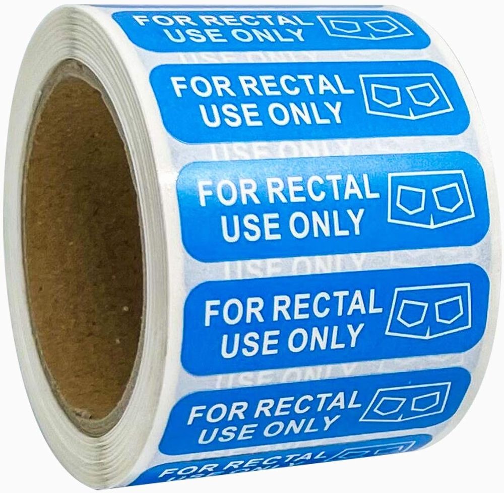 A roll of blue stickers that say, in white, "FOR RECTAL USE ONLY"
There is a drawing of a pair of jorts, outlined in white, next to the text.
