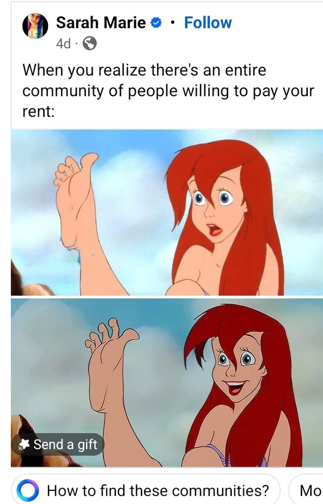 Meme of Disney's Little Mermaid smiling at her feet with caption "When you realize there's an entire community willing to pay your rent," with an AI prompt for "How to find these communities" underneath.