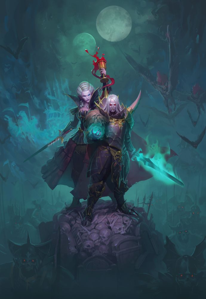 Picture of two Vampires standing on cart filled with bones. Surrounded on all sides by an army of skeletons and flying vampiric beasts. The two vampires are Vlad and Isabella Von Carstein 

https://www.artstation.com/dartagnyan

Artist : u/Professional_Piece_8 