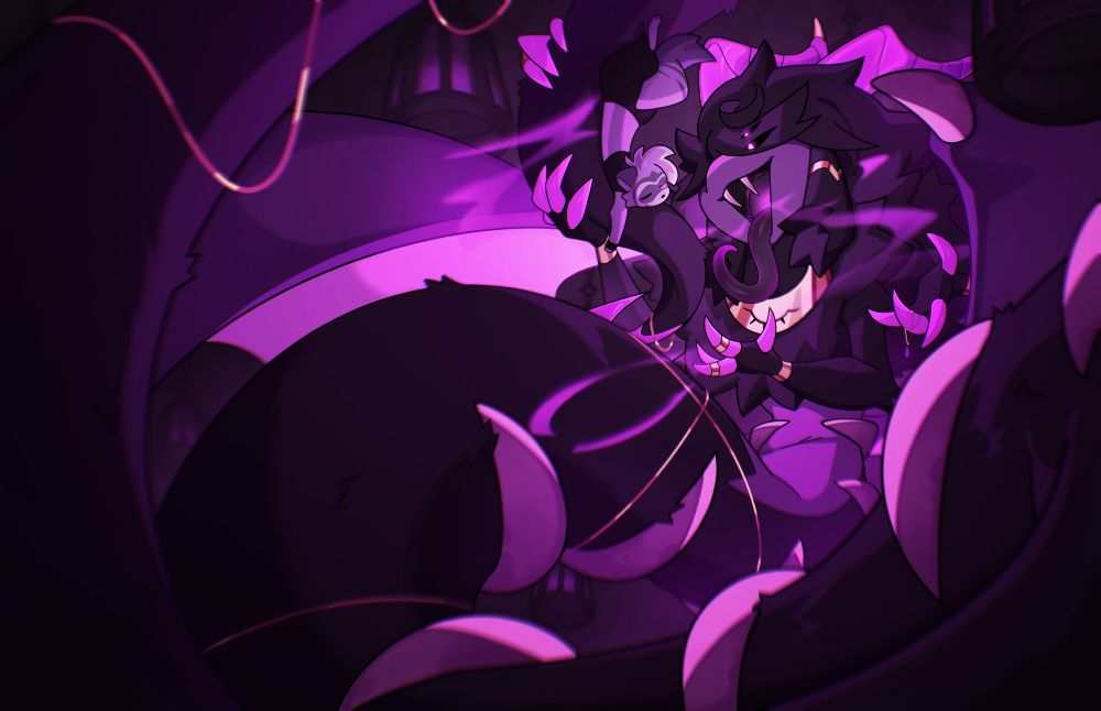 Simon, the rogue ferret of the party, in the process of selling his soul to the dream demon Bathym.
Simon is resting on Bathym's tail, looking happy and almost falling asleep while Bathym holds him close with with a wide grin and a menacing purple aura.