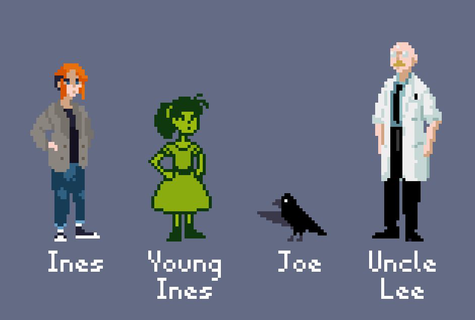 Game sprites of the characters we're casting. From left to right: Ines, young Ines, Joe, uncle Lee.