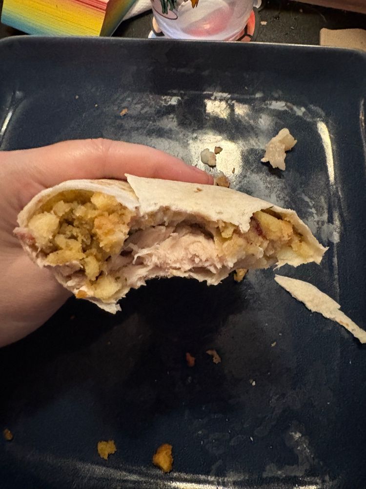 Turkey, stuffing, mashed potatoes and cranberry sauce in a burrito 