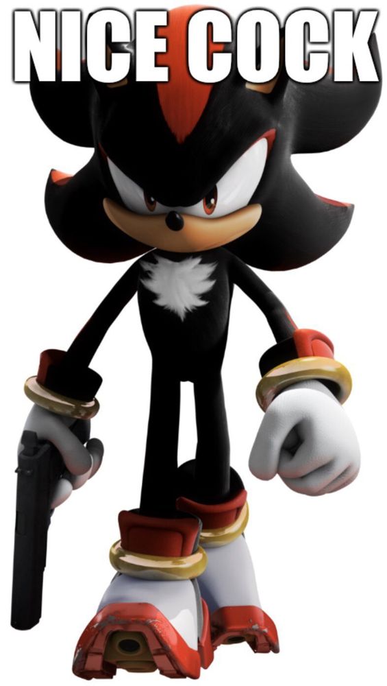 shadow the hedgehog sauntering threateningly toward the viewer while holding a gun. the caption says "NICE COCK"