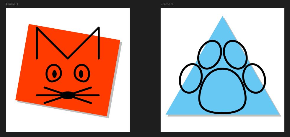 Two logos, the one on the right has a cartoon outline of a fox over a slightly rotated reddish orange rectangle and the one on the left has a cartoon pawprint over a light blue triangle