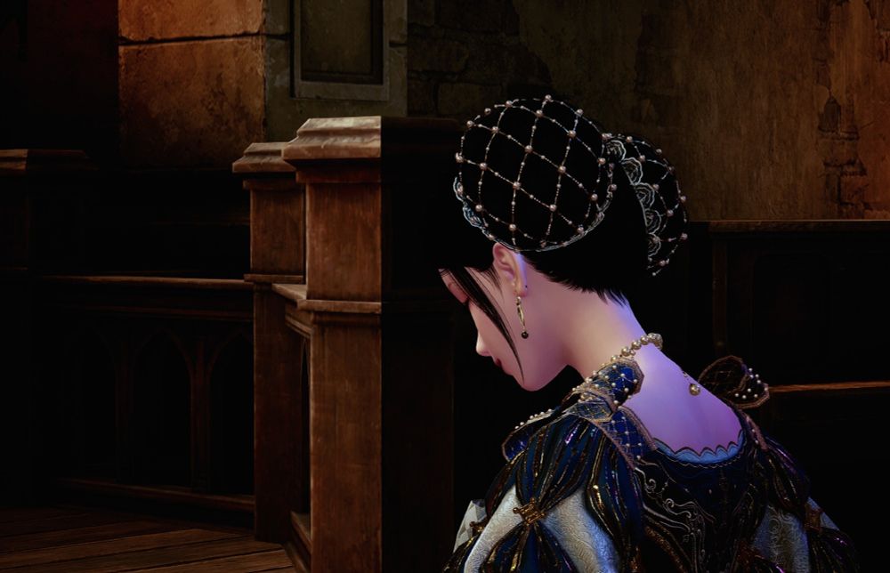 infinity nikki character in 14th century inspired hair with head bowed down