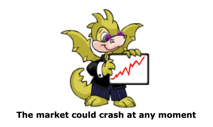 Screenshot of a Neopet in a suit holding a stock market graph. The text underneath says "The market could crash at any moment"