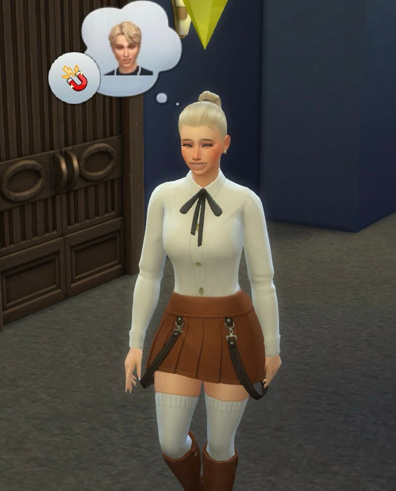 My sim khole coming back from work thinking about her roommate and how she thinks he is very attractive 