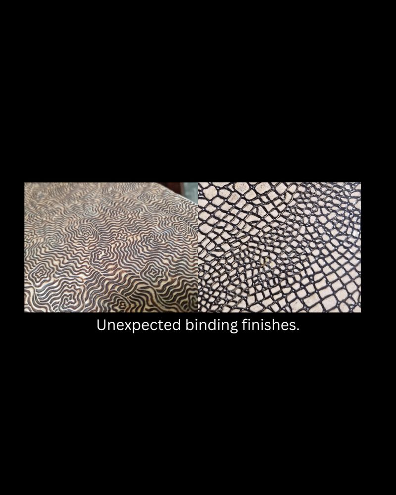 A split image showing a black and cream swirling pattern at left, and a black and white crocodile-skin pattern at right. Both are book covers.