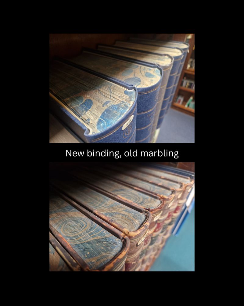 Two photos of a 5-volume set of books on a shelf. Each image shows 19th century marbling on volumes now in 20th century bindings.