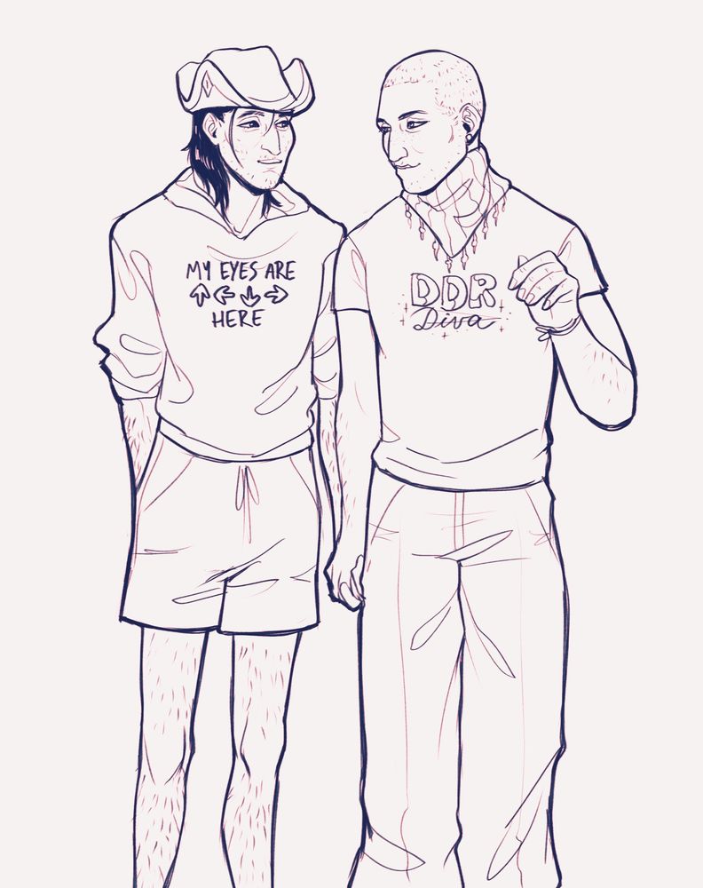tarquin and ashur, as teenagers, standing holding hands. tarquin's wearing ashur's hat. tarquin has a hoodie saying 'my eyes are (ddr arrows) here' and ashur has a t shirt saying 'DDR diva'
