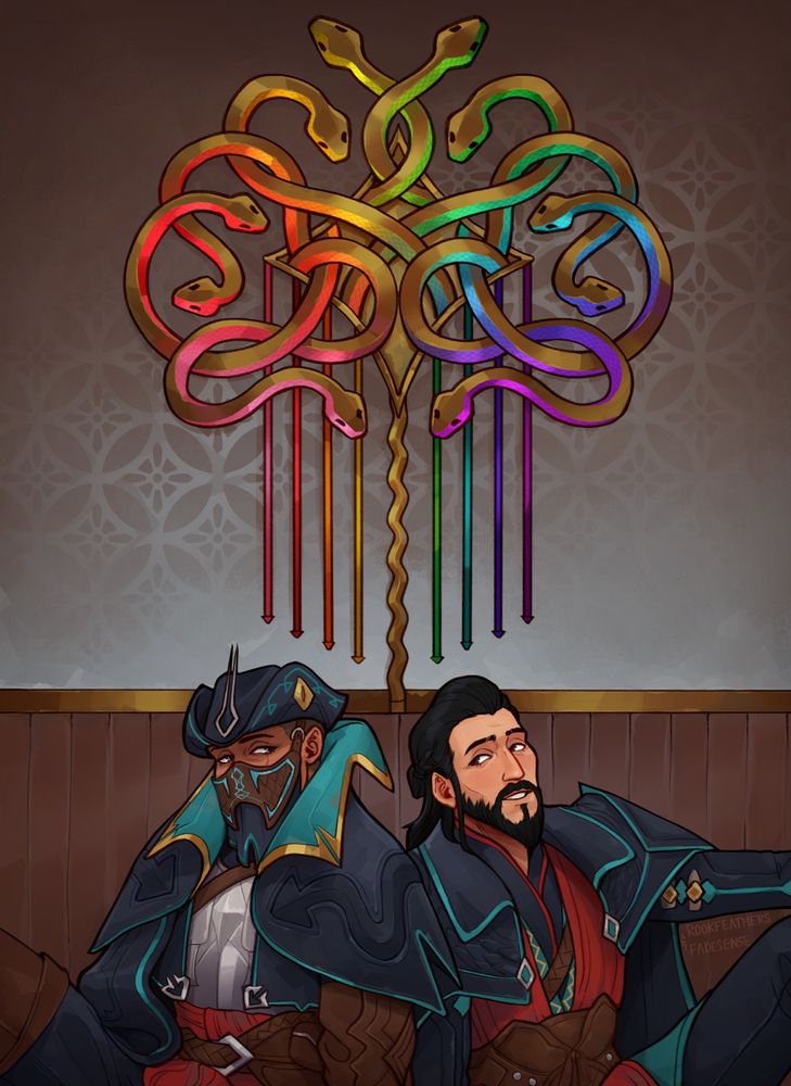 Ashur and Tarquin sitting shoulder to shoulder under a big emblem of gold and rainbow snakes. They're looking sideways at each other and you can see Tarquin has a little smile on his face.