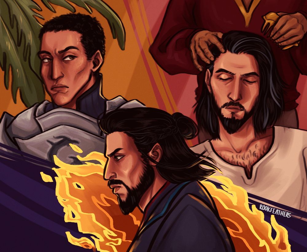 Three snapshots of Tarquin. In the first he's in Seheron with large leaves behind him. He's wearing armor and has short hair. In the second we're in current times, with him looking determined as fire roars around him. In the third he's resting while Ashur combs and plays with his loose hair.
