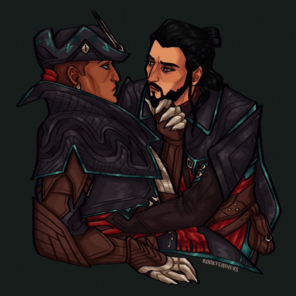 art of tarquin holding up ashur, one hand around his waist and one supporting his head. ashur is wearing his viper outfit but is maskless. he's leaning back against one arm and his other hand is holding tarquin's chin. they're looking into each other's eyes, ashur serious and tarquin looking worried.