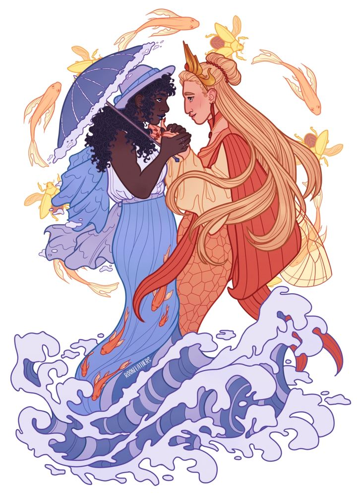 art of signet and polyphony from twilight mirage. signet's wearing a bug-like orange outfit while polyphony's wearing a blue dress that turns into sea waves at the bottom.