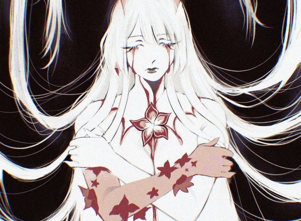 fan art of acheron from honkai star rail, she is covered in red flowers and surrounded by strands of her hair. the background is black, she's crying.