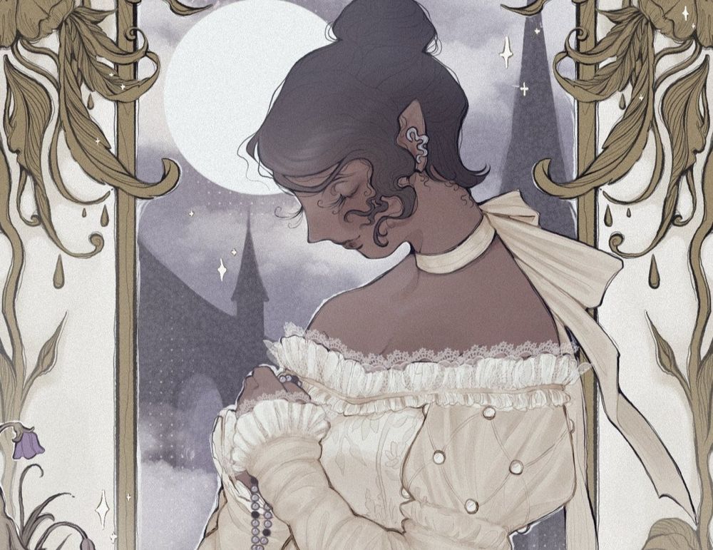 commissioned illustration of an elf (elezen) from final fantasy xiv, she is wearing a beige ball gown and clutching rosary beads, she's surrounded by purple flowers. the city state of ishgard is painted in the background