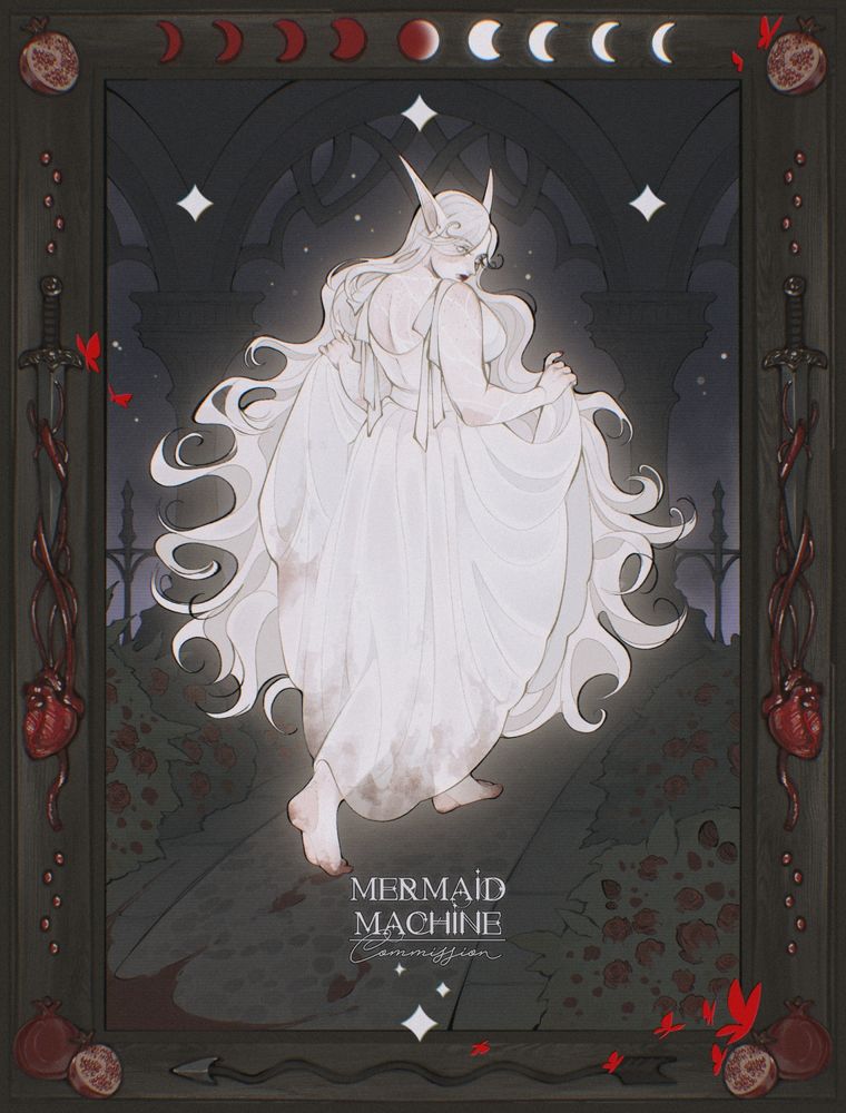an illustration of a pale & glowing elf walking through a rose garden at night, with bloody footsteps following her. the illustration is framed with a wooden frame decorated with daggers, pomegranates and anatomical hearts. there are small, red butterflies scattered around the illustration. the lunar cycle and crooked arrow are drawn at the top & bottom of the frame. the piece was commissioned by yunabunni