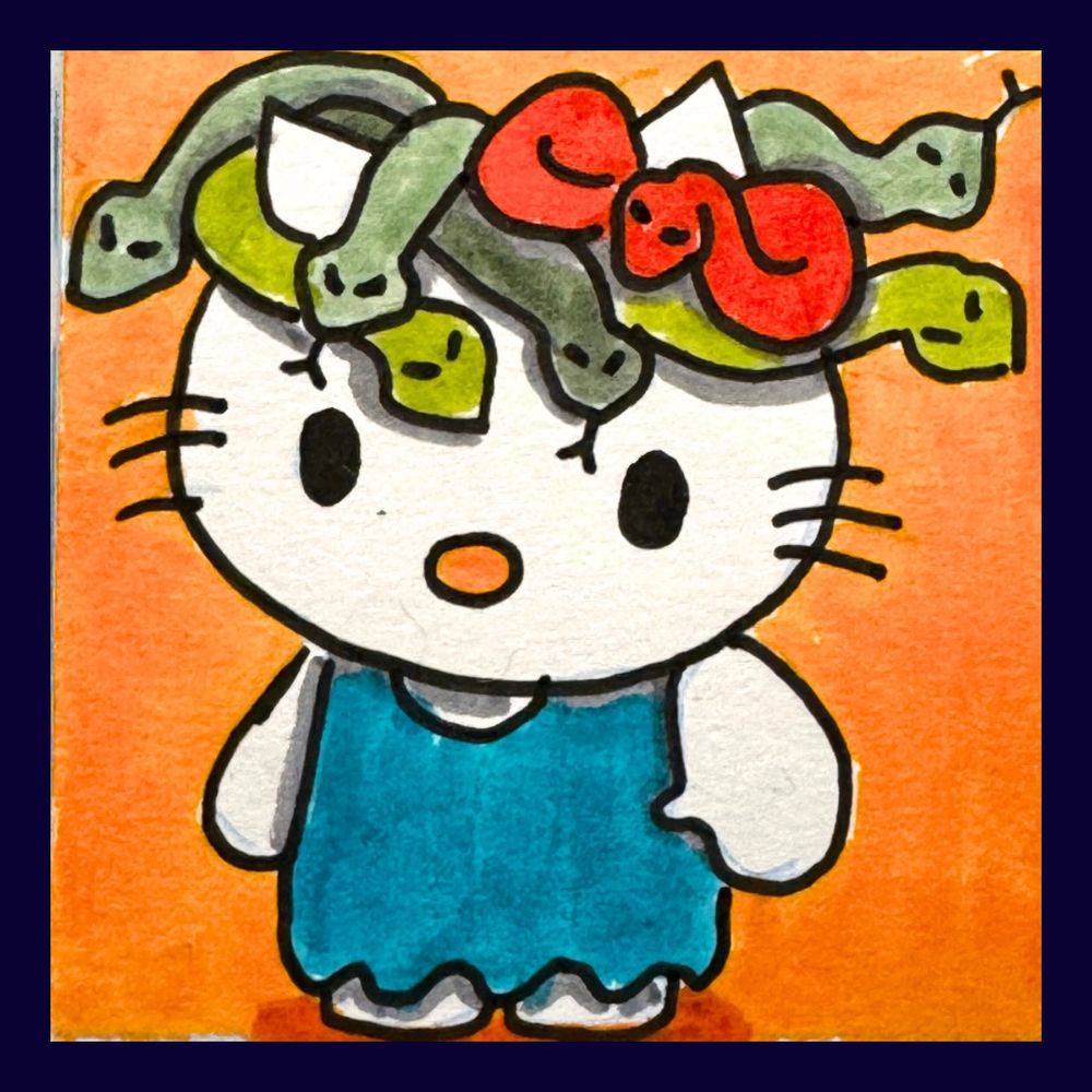 A kawaii cat wearing a drape with snakes on their head. One red snake is curled into a bow, the other green snakes curl around in Medusa fashion.