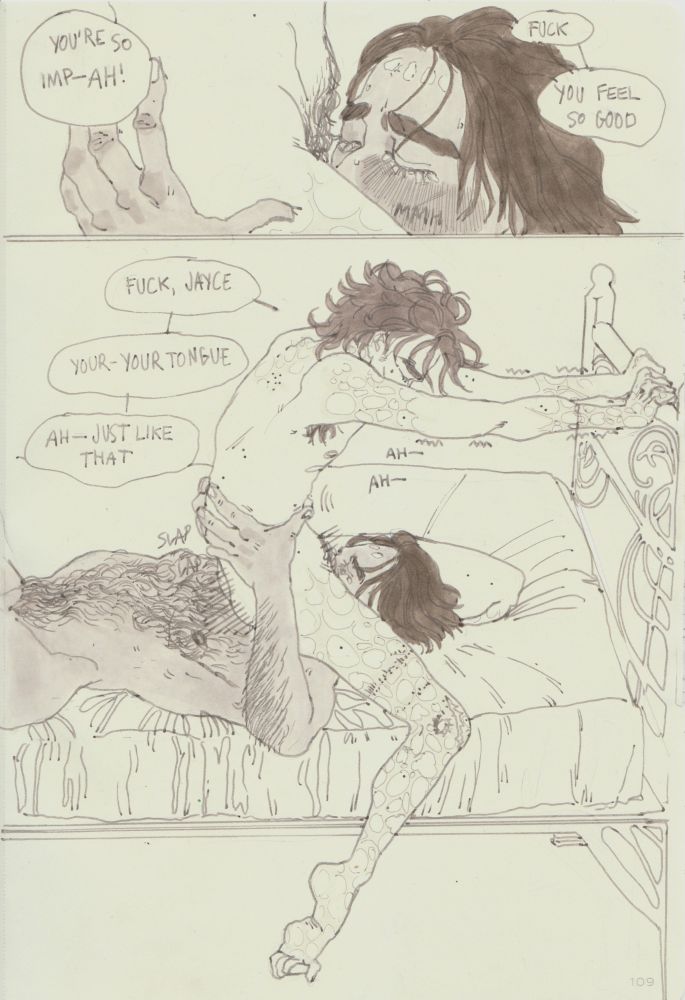 Jayce puts a hand on Viktor's ass, eyes closed. Viktor says "you're so imp- ah!" then "fuck, you feel so good". Next panel, Viktor is holding tight on the bed frame, arms shaking. His hips are thrusting Jayce's mouth while Jayce has both his hands around his waist. Viktor says "Fuck, Jayce, your- your tongue, ah- just like that"