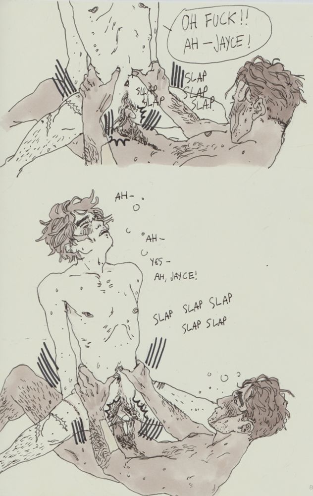 Second page, first panel : Jayce holding Viktor by the waist and putting him on his dick. Viktor screams "Oh fuck! Ah- Jayce!". Viktor has a visible dicklit. Second panel : Same pose, Jayce is lifting Viktor up and down to fuck him. SFX : slap slap slap.