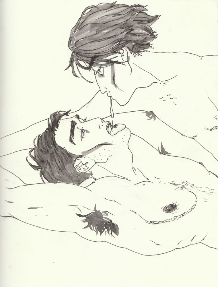 a black and white ink drawing of Jayce and Viktor. Jayce is lying on his back, arms stretched behind his head, neck strung, mouth wide open. Viktor is stretched over him, spitting into his mouth. Jayce has dark armpit hair and both have visible top surgery scars.