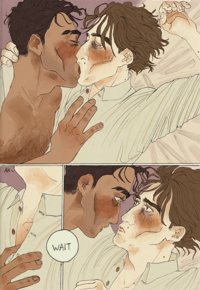 a comic of Viktor and Jayce from arcane. They are kissing on a bed, eyes closed, mouths open, Jayce has a hand near Viktor's shirt collar. Next panel : Jayce opening Viktor's shirt buttons. A speech bubble : "wait". They stop kissing and look into each other's eyes, cheeks flushed.