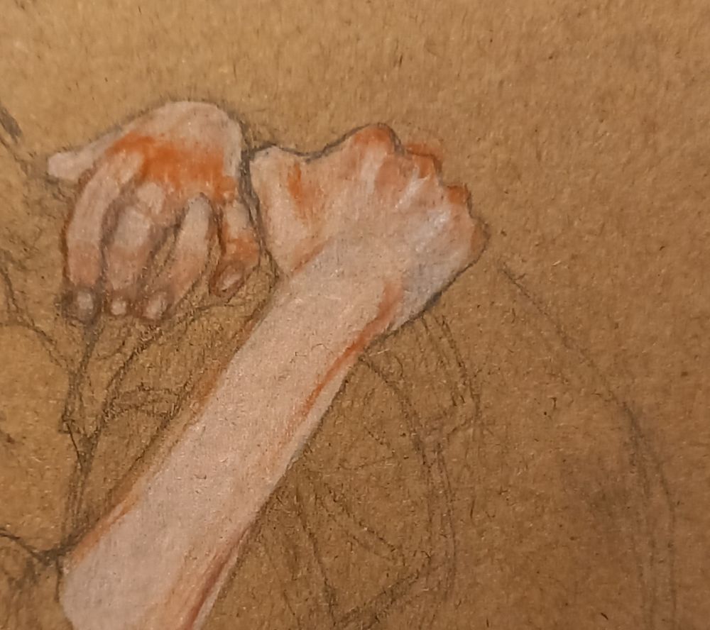 picture of a pencil drawing. Only the hands are colored in a light shade. 