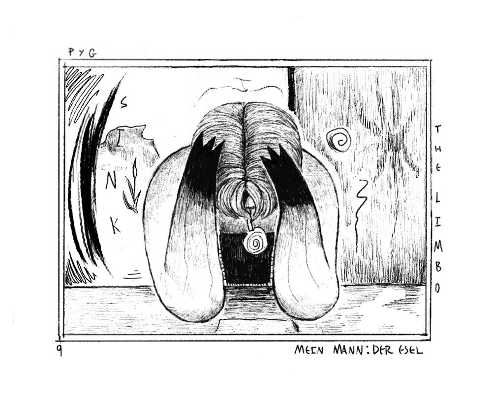 Stefan is slumped over the table, his hands in his hair. The words “sink” curving to his right. 