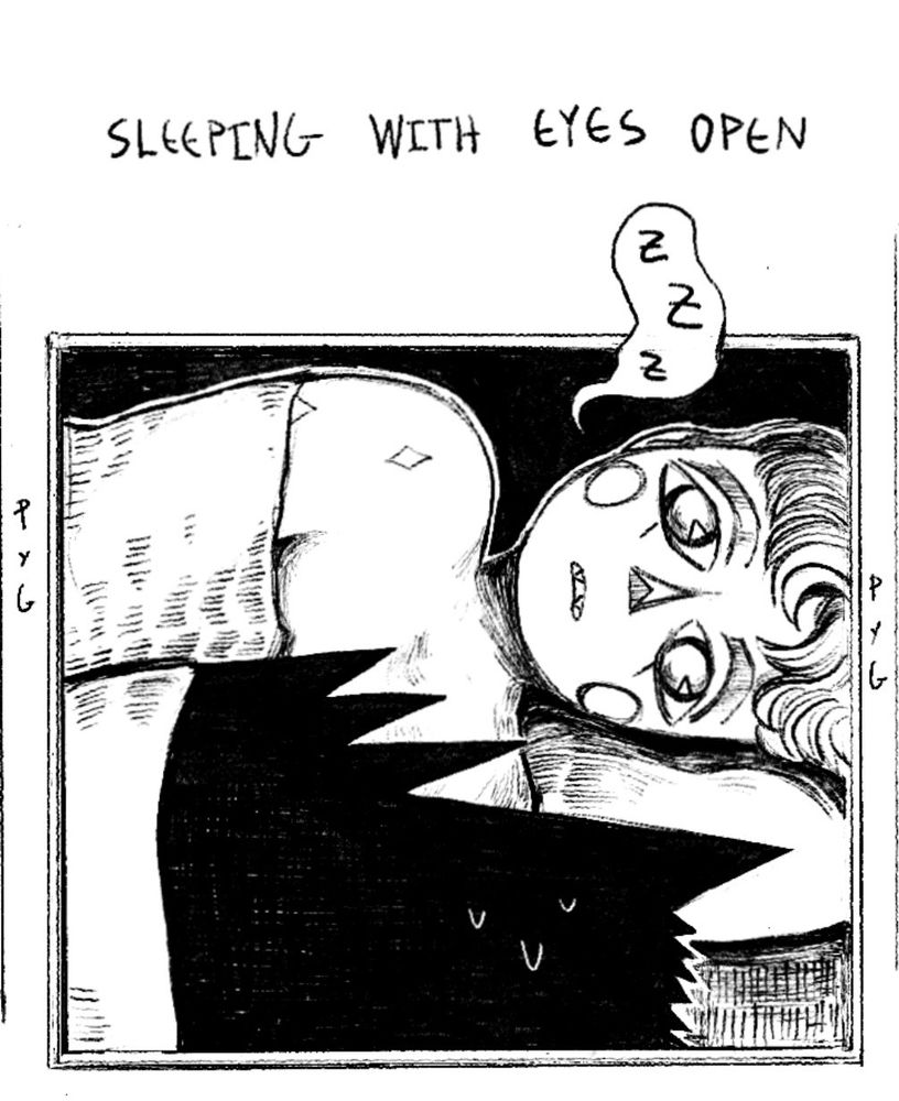 Above the panel is the text “S L E E P I N G  W I T H  E Y E S  O P E N.” Stefan lays in bed, his pupils are shiny, mindless, and circular. Kristoff shudders nervously, his back turned to the viewer. They share a blanket. The letters “z z z” trail above Stefan’s head.