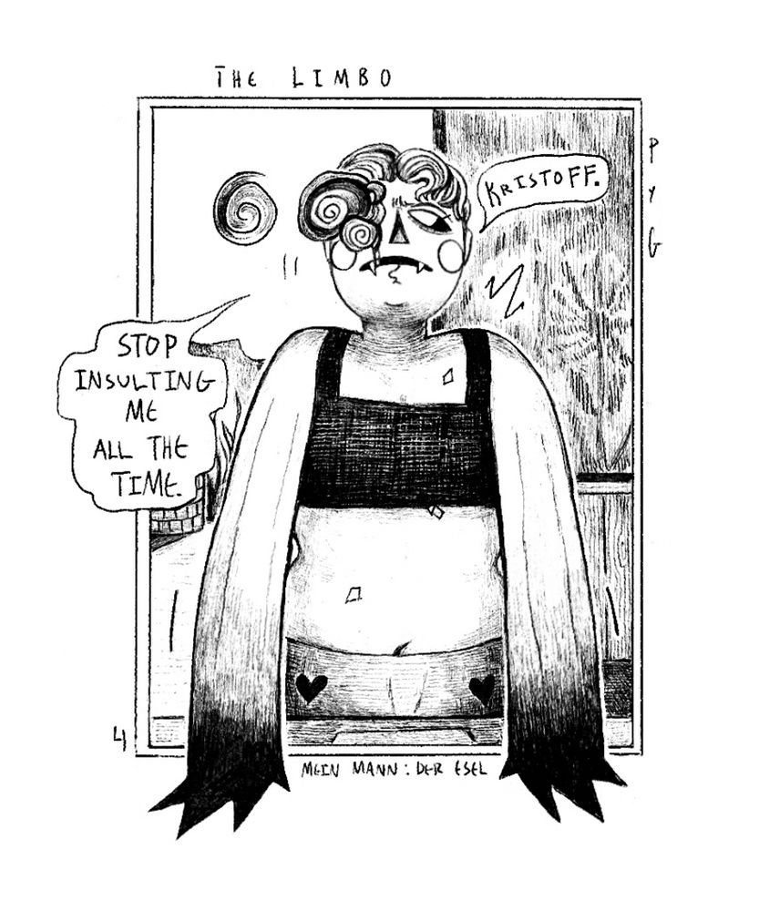 Stefan stands up, glaring to his left. He is wearing a black binder, and heart-patterned boxers. The dialogue states “Kristoff. Stop insulting me all the time.” There is a greenhouse and a well in the background. The greenhouse has faint silhouettes of plants. 