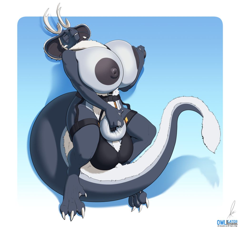 Akōchi laying on the ground, wearing a harness nothing but a harness around his belly and legs, with straps going between his breasts, and completed by a full ball support. He is groping his left nipple as well as his sheath, tugging the skin out and revealing the tip of his penis. He is arching back, eyes closed and biting his own lip in ecstasy.