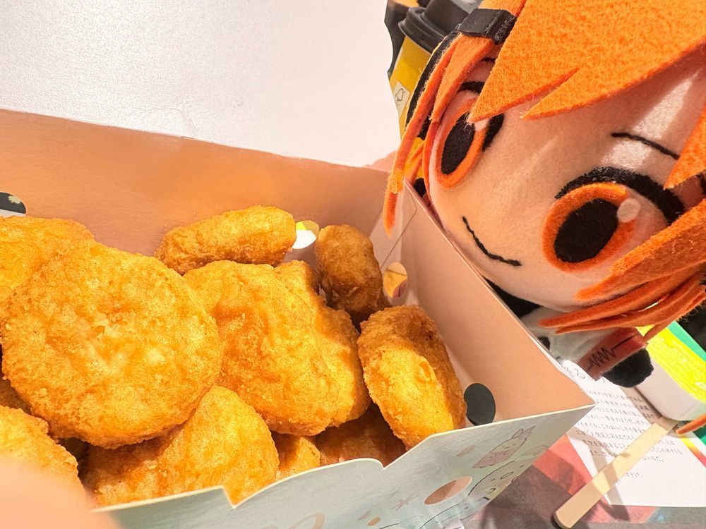 すみっコぐらしの箱の中のチキンマックナゲットに大喜びの、足立レイお手製ぬいぐるみ