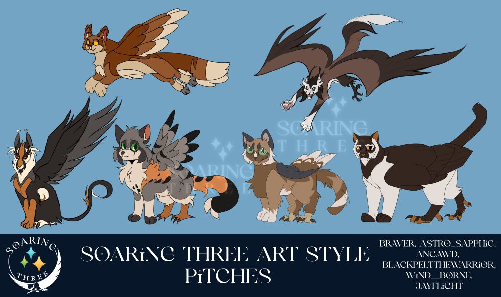 Multiple digital drawings of winged cats with bird feet in place of their back paws. All of them are in different art styles.