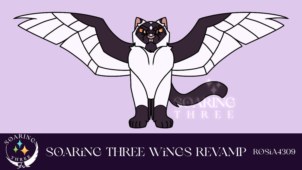 Digital illustration of Blackstar, a senior black-and-white cat amber eyes. He is looking at the camera menacingly with his wings spread out.