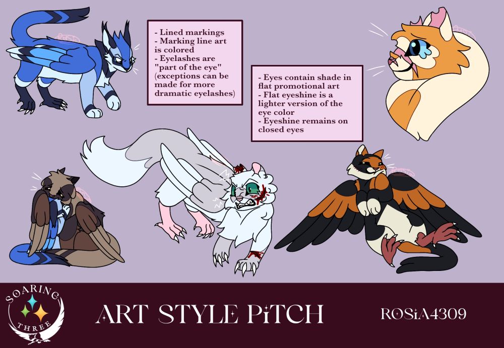 Several digital illustrations featuring winged cats with bird feet in place of their back paws. Several digital illustrations featuring winged cats with bird feet in place of their back paws. There are many different cats across the canvas with varying expressions and poses. There are notes scattered around that read:
"Lined markings."
"Marking line art is colored."
"Eyelashes are "part of the eye" (exceptions can be made for more dramatic eyelashes)." 
"Eyes contain shade in flat promotional art."
"Flat eyeshine is a lighter version of the eye color."
"Eyeshine remains on closed eyes."