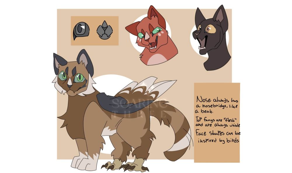 Digital illustrations of a few cats. In the middle is a brown cat with wings and bird feet in place of its back paws. In the top right corner are headshots of an orange cat and a black one.

Below are notes that read:
"Nose always has a nosebridge, like a beak."
"Top fangs are "flesh" and are always visible."
"Face shapes can be inspired by birds."